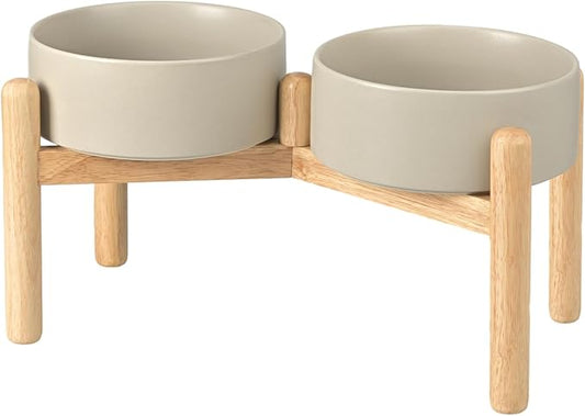 SPUNKYJUNKY Ceramics Elevated Dog Bowls with Wooden Stand - Raised Dog Bowl for Medium Large Dogs - Double 60OZ Bowls, Grey