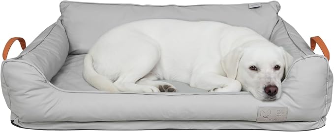 Removable Orthopedic Dog Beds for Large Dogs, Leather Memory Foam Dog Sofa Bed, Waterproof Durable Dogs Bed Couch with Non Skid Bottom for All Pet Sizes (Silver Gray, Large)