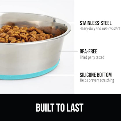 GORILLA GRIP Dog Bowls, Holds 1 Cup Each (8 fl oz), Heavy Duty Stainless Steel Food and Water Bowl for Feeding Dogs and Cats, Dishwasher Safe, Rust Resistant, BPA Free Rubber Base, Set of 2 Turquoise