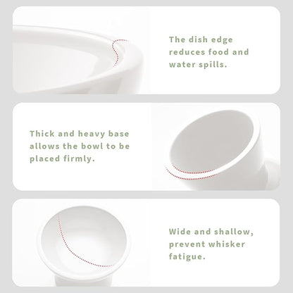 CEEFU 2 Elevated Ceramic Cat Bowls Extra Wide for Food & Water – Whisker Fatigue Shallow Food Dish, Lead & Cadmium-Free, Raised Height for Cats and Dogs, Two Different Depth Bowls, White