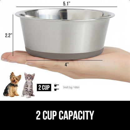GORILLA GRIP Set of 2 Dog Bowls, Heavy Duty Metal Food and Water Bowl for Feeding Dogs and Cats, Dishwasher Safe, Rust Resistant Stainless Steel, BPA Free Rubber Base, Holds 2 Cups (16 fl oz), Beige