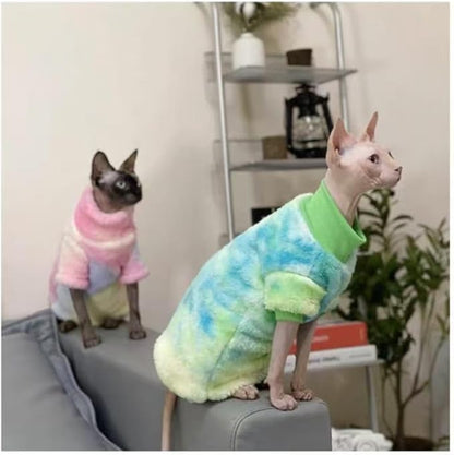 Sphynx Cat Warm Turtleneck Sweater, Thick Soft Double-Sided Fleece Clothes for Cats, Two-Legged Winter Onesie for Cats and Small Dogs,Pjs for Cats and Puppy (Green Tie-dye, L (5-6.5lbs))