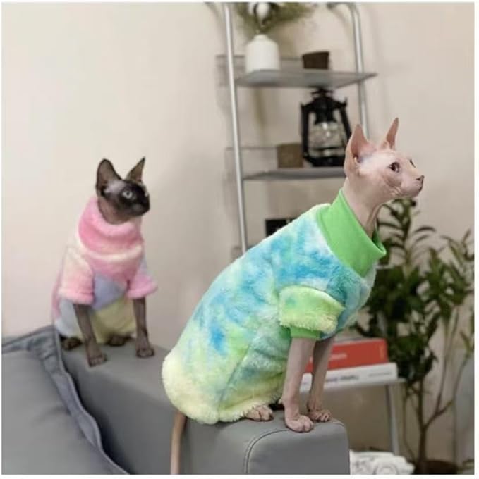 Sphynx Cat Warm Turtleneck Sweater, Thick Soft Double-Sided Fleece Clothes for Cats, Two-Legged Winter Onesie for Cats and Small Dogs,Pjs for Cats and Puppy (Green Tie-dye, M (3.5-5lbs))