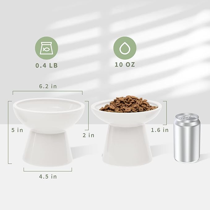 CEEFU 2 Elevated Ceramic Cat Bowls Extra Wide for Food & Water – Whisker Fatigue Shallow Food Dish, Lead & Cadmium-Free, Raised Height for Cats and Dogs, Two Different Depth Bowls, White