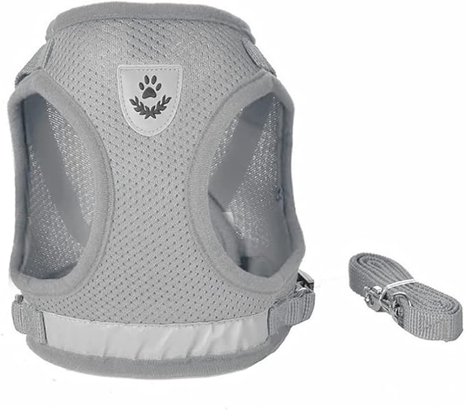 FEimaX Dog Harness and Leash Set for Walking, Soft Mesh Adjustable Easy Control Lightweight Cat Vest Harnesses with Reflective Strips, Escape Proof Small Dogs Cats Vests (Grey, Large)