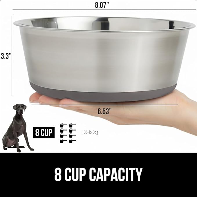 GORILLA GRIP Dog Bowl, Holds 8 Cups (64 fl oz), Heavy Duty Metal Food and Water Bowl for Feeding Dogs and Cats, Easy Clean, Dishwasher Safe, Rust Resistant Stainless Steel, BPA Free Rubber Base, Gray