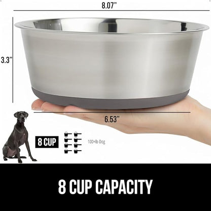 GORILLA GRIP Dog Bowl, Holds 8 Cups (64 fl oz), Heavy Duty Metal Food and Water Bowl for Feeding Dogs and Cats, Easy Clean, Dishwasher Safe, Rust Resistant Stainless Steel, BPA Free Rubber Base, Gray
