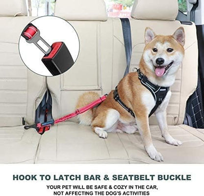 IOKHEIRA Dog Seat Belt 3-in-1 Car Harness for Pets Adjustable Safety Seatbelt Nylon Reflective Bungee Fabric Dog Car Harness with Clip Hook Latch & Buckle, Swivel Zinc Alloy Carabiner Red