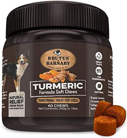 BRUTUS & BARNABY Turmeric for Dogs Anti Inflammatory Pain Relief - Curcumin for Dogs Chews with Collagen & Bioprene - Turmeric Supplement for Dogs Hips, Joint & Mobility Support (60 Count)