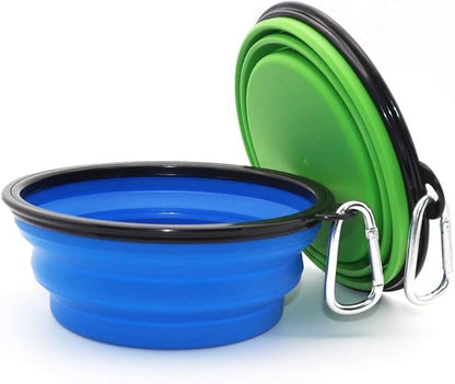 Large Dog Bowl Pet Collapsible Bowls, 2 Pack Collapsible Dog Water Bowls for Cats Dogs, Portable Pet Feeding Watering Dish for Walking Parking Traveling with 2 Carabiners (Large, Blue+Green)