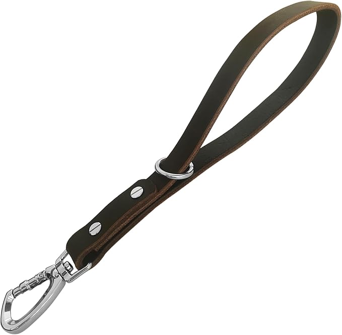Short Leather Dog Leash 14 Inch Lead With 360 Heavy Duty Metal Clip - Soft, Strong, Light for Medium and Large Dogs - Pet Training Walking Rope