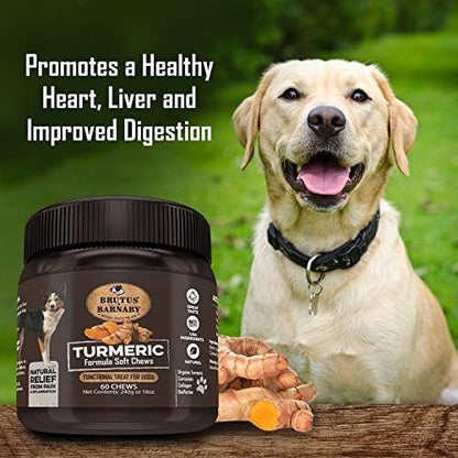BRUTUS & BARNABY Turmeric for Dogs Anti Inflammatory Pain Relief - Curcumin for Dogs Chews with Collagen & Bioprene - Turmeric Supplement for Dogs Hips, Joint & Mobility Support (60 Count)
