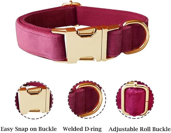 JAY D.L Dog Collar and Leash Set，Soft & Comfy Velvet Dog Collars with Heavy Duty Metal Buckle and Matching Lead Adjustable for Small Medium Large Dogs (XLarge, Rose)