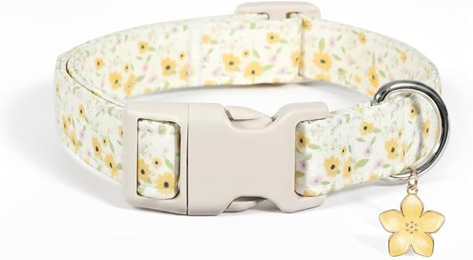 Dog Collar, Unique Floral Dog Collar Girl, Spring Summer Design Pet Collar with Cute Charm, Quick Release Buckle and Durable Fabric, Suitable for Small, Medium and Large Dogs