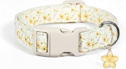 Dog Collar, Unique Floral Dog Collar Girl, Spring Summer Design Pet Collar with Cute Charm, Quick Release Buckle and Durable Fabric, Suitable for Small, Medium and Large Dogs