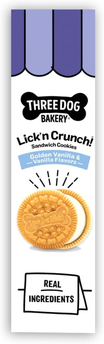 Three Dog Bakery Lick'n Crunch! Golden & Vanilla Sandwich Cookies, Dog Treat, Puppy Cookies with Real Ingredients, Dog Birthday Treat, Training Reward
