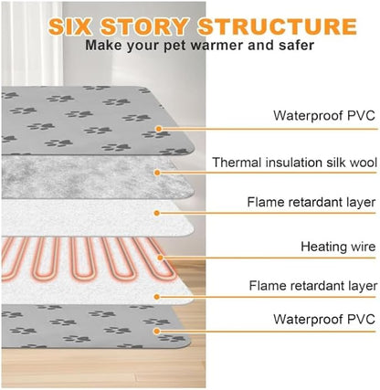 Bestio Cat Heating Pad, 18×18In Waterproof Heated Dog Caat Bed, UL&MET Dual Certification, Pet Heating Pads for Cats Dogs with Smart Switch Can Freely Adjust 1-24 Hours - Paw
