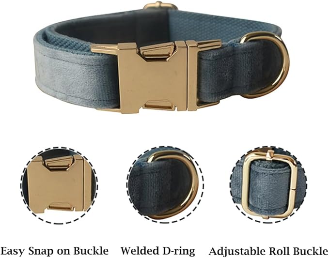 JAY D.L Dog Collar and Leash Set，Soft & Comfy Velvet Dog Collars with Heavy Duty Metal Buckle and Matching Lead Adjustable for Small Medium Large Dogs (XLarge, Noidic Blue)