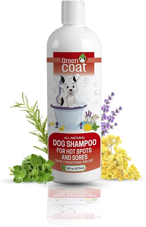 Green Coat Natural Dog Shampoo for Hot Spots And Sores | Soothing Relief for Irritated Or Itchy Skin | Made In The USA With Organic and Natural Ingredients | Made with essential oils | 16fl oz 473 ml.