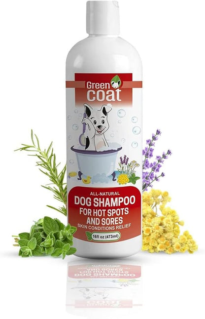 Green Coat Natural Dog Shampoo for Hot Spots And Sores | Soothing Relief for Irritated Or Itchy Skin | Made In The USA With Organic and Natural Ingredients | Made with essential oils | 16fl oz 473 ml.
