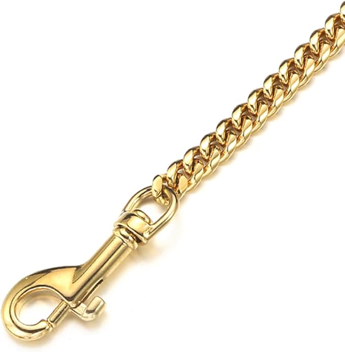 3FT/4FT/5FT Heavy Duty Gold Dog Chain Leash 14MM Stainless Steel Miami Cuban Link Chain with Durable Genuine Leather Handle for Training Walking(14mm,3ft)…