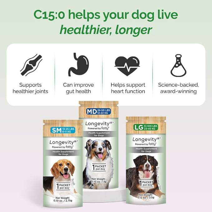 Longevity15 C15:0 Dog Health Supplement (30-Day Supply) & Yummy Combs Dog Dental Treats (8oz Bag) for Medium Dogs – C15:0 Fatty Acid for Daily Wellness, Food Topper – VOHC Approved Oral Care Treat