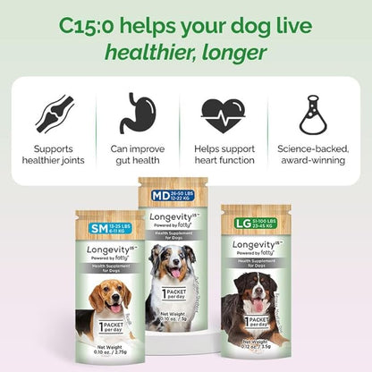 Longevity15 C15:0 Dog Health Supplement (30-Day Supply) & Yummy Combs Dog Dental Treats (8oz Bag) for Medium Dogs – C15:0 Fatty Acid for Daily Wellness, Food Topper – VOHC Approved Oral Care Treat