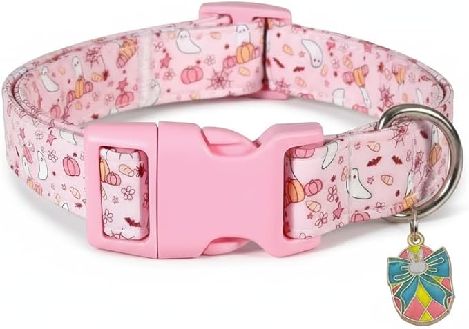 Cute Dog Collar, Pink Dog Collar with Pink Ghost Pattern and Soft Fabric, Girly Collar with Charm and Buckle, Adjustable for Girls Boys Dogs