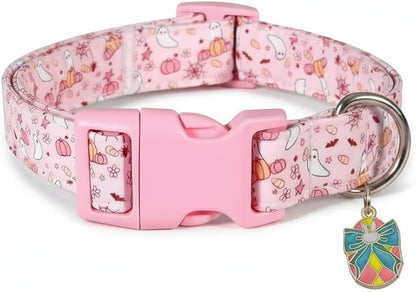 Cute Dog Collar, Pink Dog Collar with Pink Ghost Pattern and Soft Fabric, Girly Collar with Charm and Buckle, Adjustable for Girls Boys Dogs
