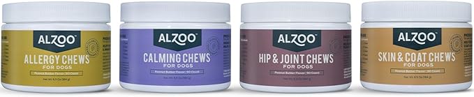 ALZOO Skin & Coat Chews for Dogs, 100% Plant-Based Active Ingredients, Peanut Butter Flavor, 90 Count