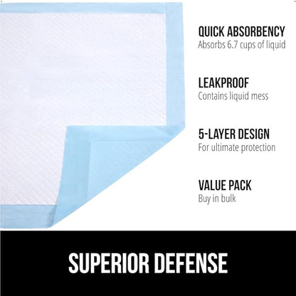 Gorilla Guard Disposable Puppy Pads, 5 Layer Pee Pads for Dogs, Absorbent Diaper Changing Pad, Dog Potty Training Supplies, Quick Dry Pet Housebreaking Essentials for Puppies, 50 Count 22x22 in
