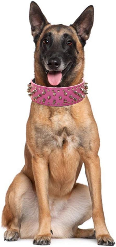 Serijoars Spiked Studded Dog Collar, PU Leather Dog Collar, Adjustable Pet Collars for Medium or Large Breed Pet (L, Light Brown)