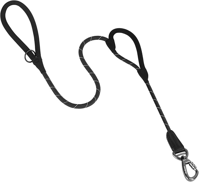 PetBonus Double Handle Rope Dog Leash, 5FT Heavy Duty Training Lead with Lockable Hook and 2 Comfortable Padded Handles, Reflective Walking Nylon Leash for Large Medium Dogs (55-200 lbs, Black)