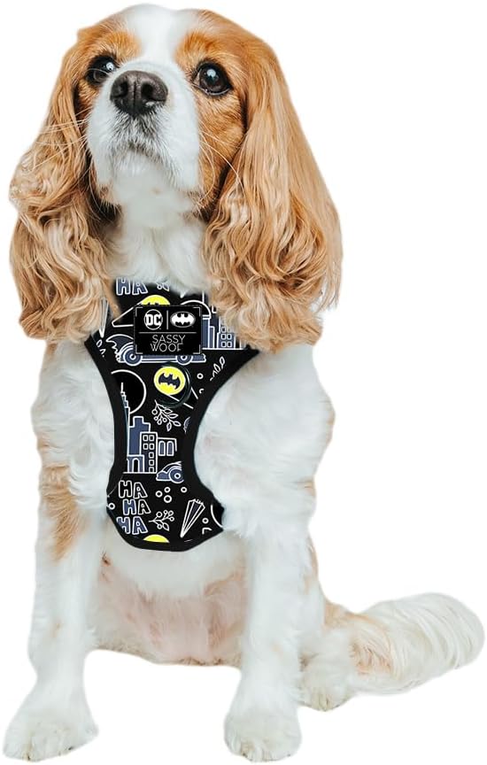 Sassy Woof Dog Adjustable Harness - Batman™ - S, Breathable Mesh, No Pull Design with Two D-Rings, Patented Design, Perfect for Small Dogs and Puppies - Officially Licensed
