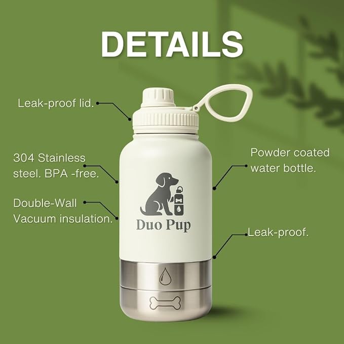 DuoPup 32oz Insulated Stainless Steel Pet Water & Food Bottle – Portable Leak-Resistant Dispenser with Two Detachable Bowls & Carrying Strap – Travel, Hiking & Outdoor Pet Hydration – Black