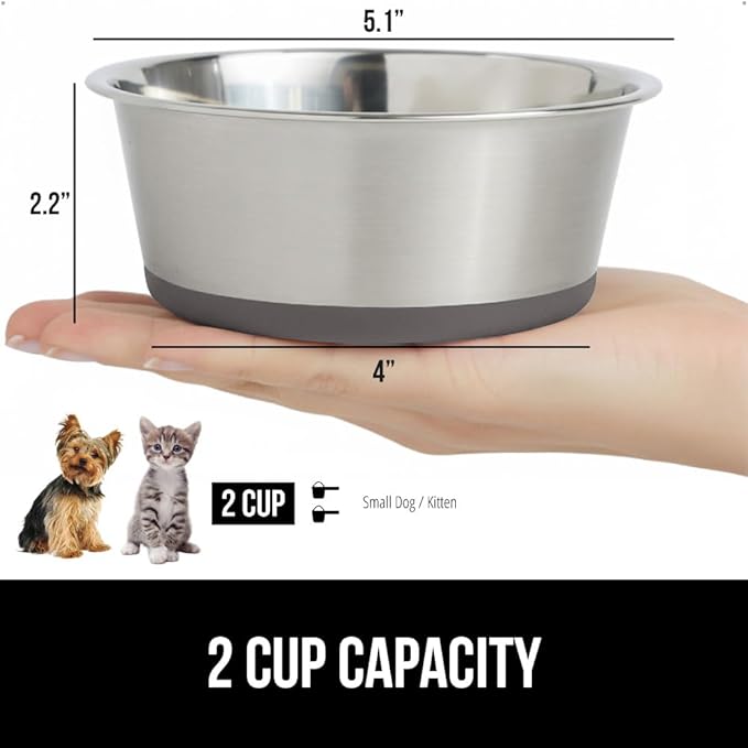 GORILLA GRIP Dog Bowl, Holds 2 Cups (16 fl oz), Heavy Duty Metal Food and Water Bowl for Feeding Dogs and Cats, Easy Clean, Dishwasher Safe, Rust Resistant Stainless Steel, BPA Free Rubber Base, Gray