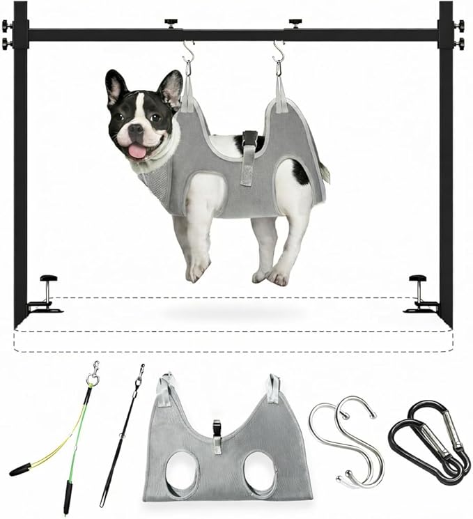 Dog Grooming Arm for Table, S Size, Adjustable 42" Height & 35"–44" Width, H-Shape Stable Grooming Stand, Clamp Fits up to 2.76", with Hammock & 2 Nooses for Home Grooming & Nail Trimming
