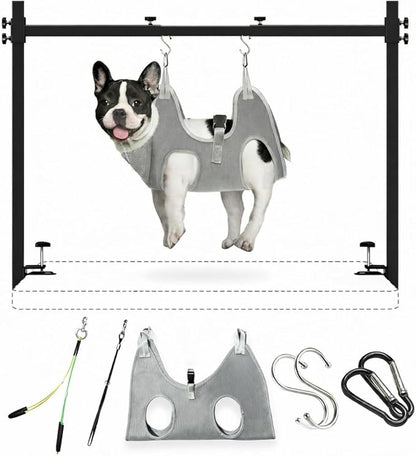 Dog Grooming Arm for Table, S Size, Adjustable 42" Height & 35"–44" Width, H-Shape Stable Grooming Stand, Clamp Fits up to 2.76", with Hammock & 2 Nooses for Home Grooming & Nail Trimming
