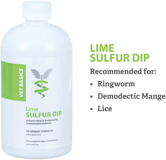 Vet Basics Lime Sulfur Dip – Skin Itch Relief Concentrated Antimicrobial & Antiparasitic Solution for Dogs, Cats, Puppies, Kittens & Horses, Helps Manage Ringworm, Mange, Skin Irritation, 16oz