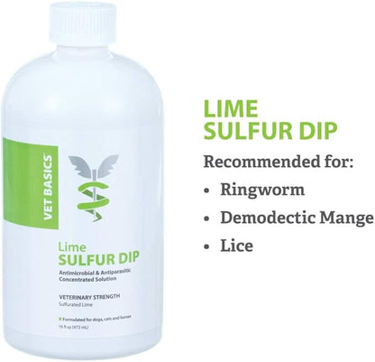 Vet Basics Lime Sulfur Dip – Skin Itch Relief Concentrated Antimicrobial & Antiparasitic Solution for Dogs, Cats, Puppies, Kittens & Horses, Helps Manage Ringworm, Mange, Skin Irritation, 16oz