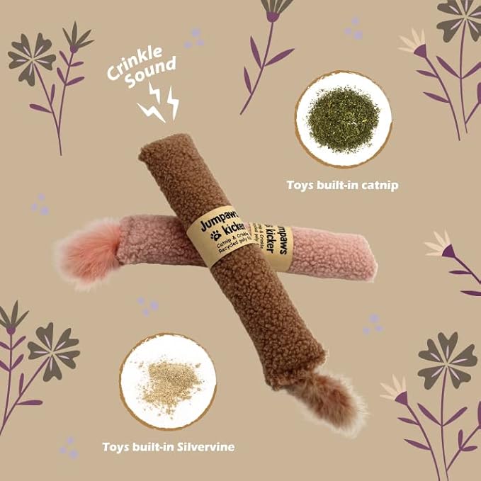 Jumpaws 2 Pack Natural Interactive Catnip & Silvervine Cat Kicker with Tail, Bite Resistant Chew Toy, Crinkle Kicker, Accessories for Indoor Cat, Sherpa Material