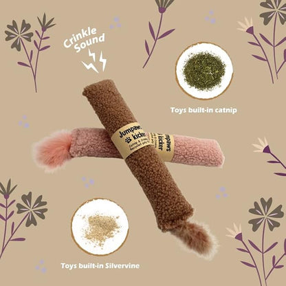 Jumpaws 2 Pack Natural Interactive Catnip & Silvervine Cat Kicker with Tail, Bite Resistant Chew Toy, Crinkle Kicker, Accessories for Indoor Cat, Sherpa Material