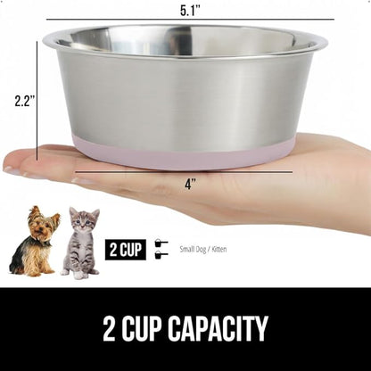 GORILLA GRIP Dog Bowls, Holds 2 Cups Each (16 fl oz), Heavy Duty Stainless Steel Food and Water Bowl for Feeding Dogs and Cats, Dishwasher Safe, Rust Resistant, BPA Free Rubber Base, Set of 2 Pink