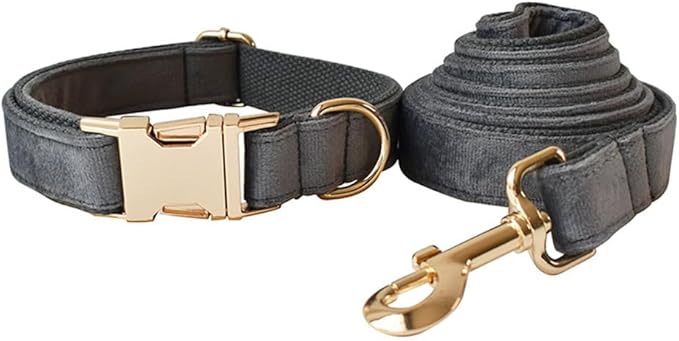 JAY D.L Dog Collar and Leash Set，Soft & Comfy Velvet Dog Collars with Heavy Duty Metal Buckle and Matching Lead Adjustable for Small Medium Large Dogs (Small, Dark Grey)