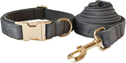 JAY D.L Dog Collar and Leash Set，Soft & Comfy Velvet Dog Collars with Heavy Duty Metal Buckle and Matching Lead Adjustable for Small Medium Large Dogs (Small, Dark Grey)
