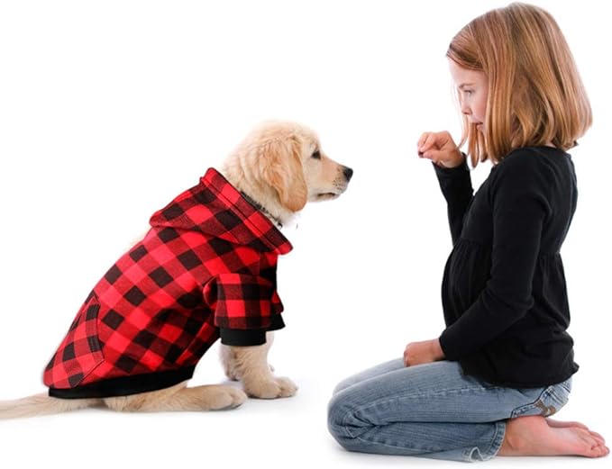 Red Plaid Dog Hoodie Sweater for Dogs Pet Clothes with Hat and Pocket（M）
