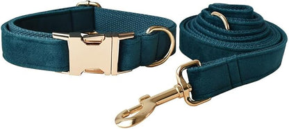 JAY D.L Dog Collar and Leash Set，Soft & Comfy Velvet Dog Collars with Heavy Duty Metal Buckle and Matching Lead Adjustable for Small Medium Large Dogs (Small, Peacock Green)