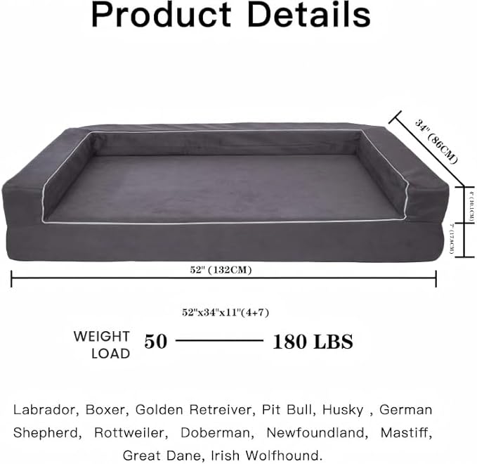 Mama halo Oversized Human Dog Bed & Orthopedic Big Dog Bed, Actual Firm Foam Support, Waterproof Durable Cool Fabric, Smooth Zipper, Joint Relief Pet Bed for X-Large Dog, 52" x 34" (Gray, X-Large)