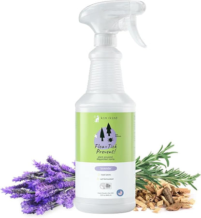 kin+kind Flea and Tick Prevention for Dogs – Plant Based Flea Spray with Rosemary, Lemongrass & Cedarwood Oil – Pet Supplies for Bugs and Pests – Flea & Tick Pet Spray Prevention - Lavender 32 fl oz