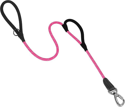 PetBonus Double Handle Rope Dog Leash, 6FT Heavy Duty Training Lead with Lockable Hook and 2 Comfortable Padded Handles, Reflective Walking Nylon Leash for Large Medium Dogs (55-200 lbs, Pink)